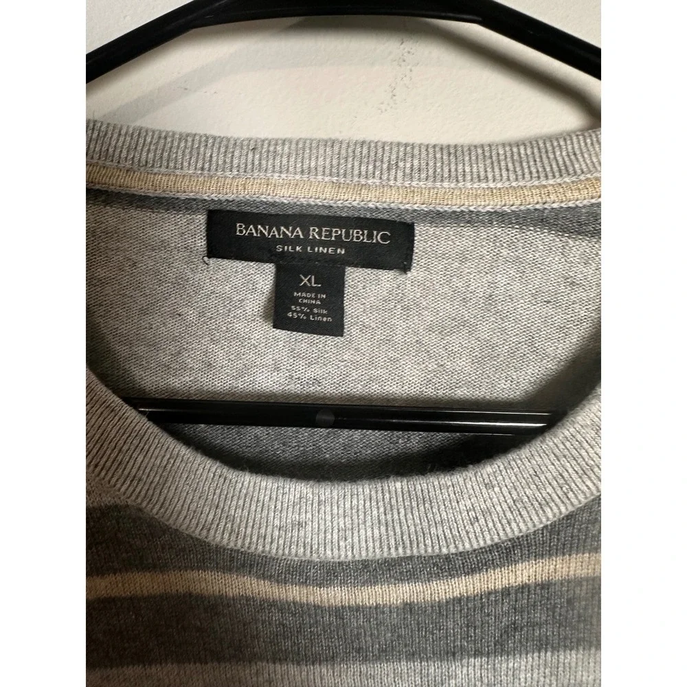 Banana Republic Mens XL Silk Linen Striped Crew Neck Sweater Gray Tan Pullover‎